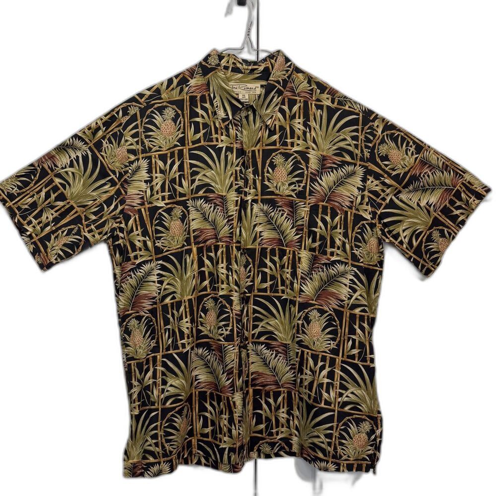 Tori Richard Hawaiian men’s black green tropical leaf print 100% cotton, size XL